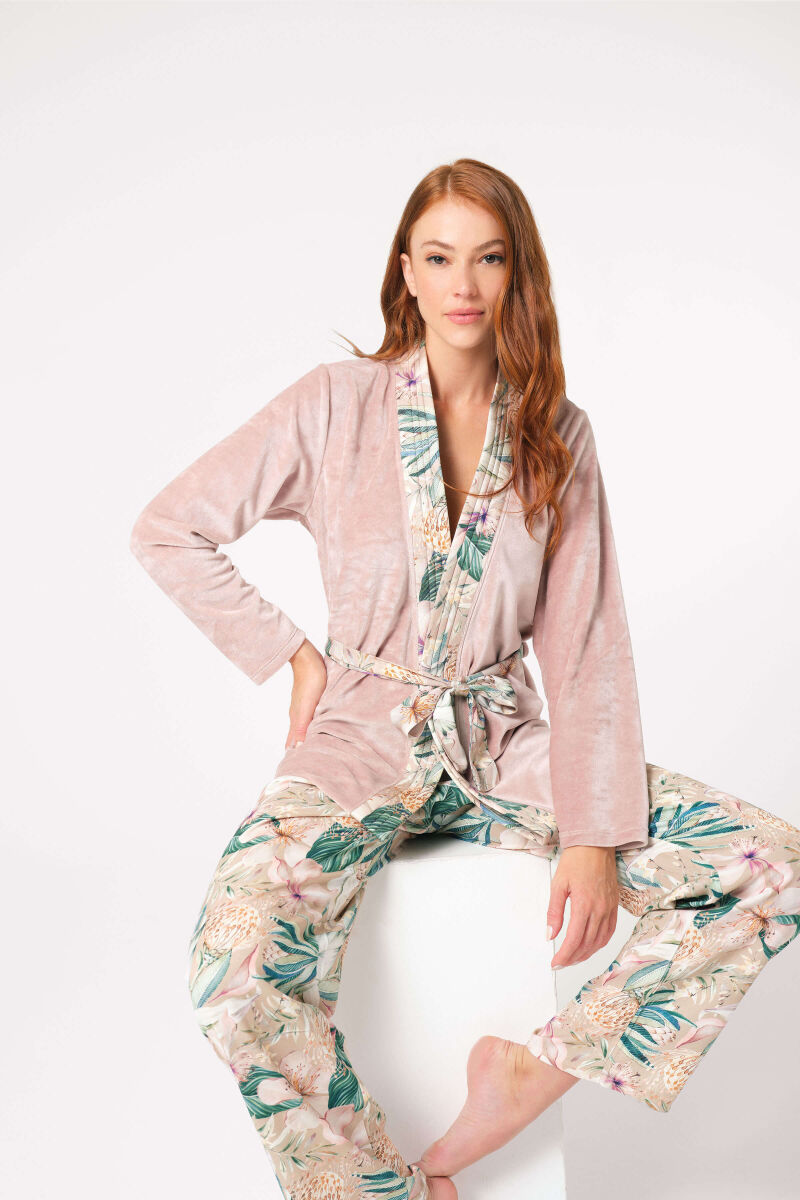 Anıl 5802 Uzun Kol V Yaka Viskon Çiçek Desenli Kışlık Örme Normal Bel Bağlamalı Pijama Takımı - 1