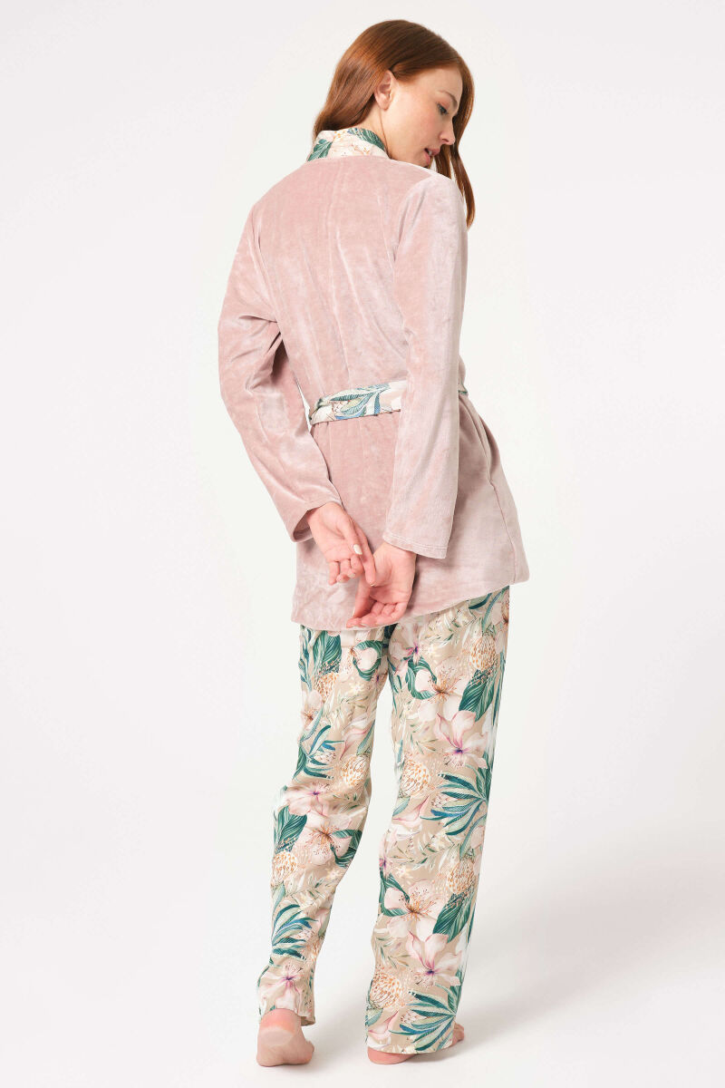 Anıl 5802 Uzun Kol V Yaka Viskon Çiçek Desenli Kışlık Örme Normal Bel Bağlamalı Pijama Takımı - 2