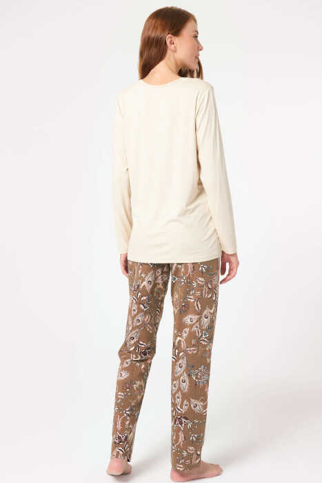 Anıl 9850 Uzun Kol V Yaka Modal Çiçek Desenli Kışlık Örme Normal Bel Dantel Detaylı Pijama Takımı - 3