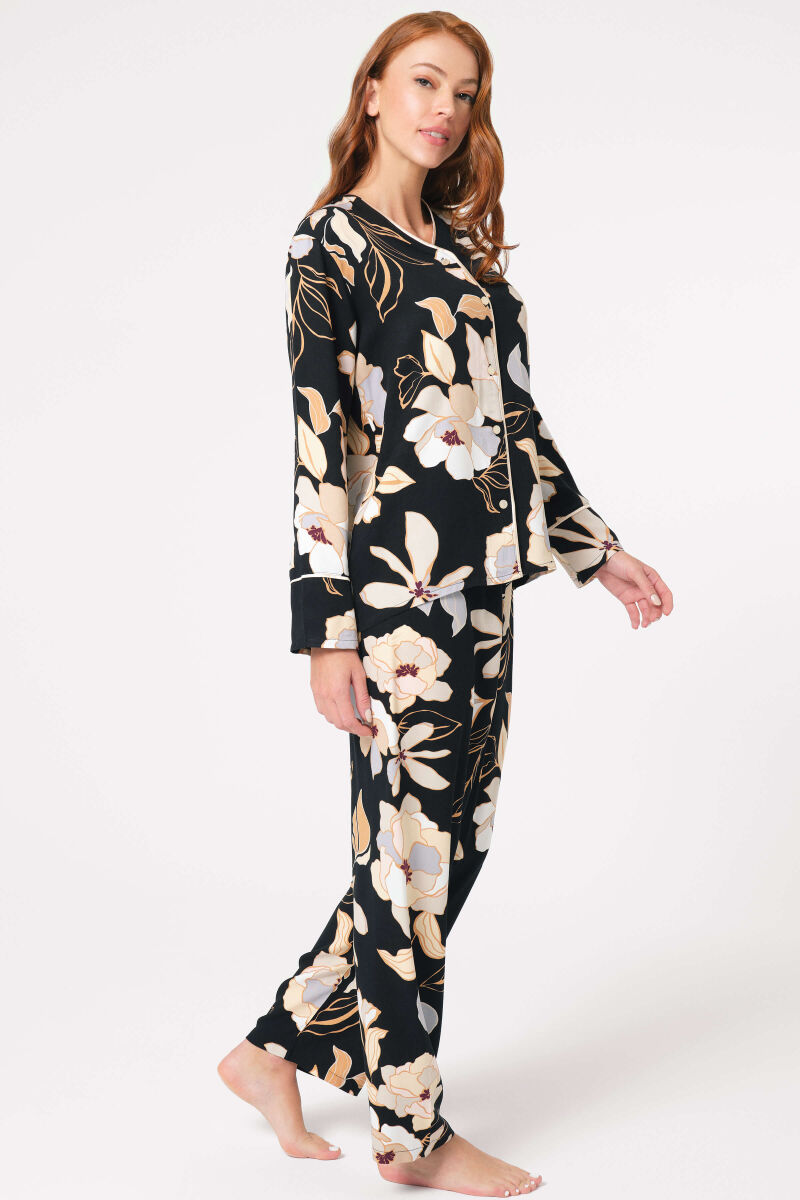 Anıl 9848 Uzun Kol V Yaka Viskon Çiçek Desenli Kışlık Örme Normal Bel Pijama Takımı - 1