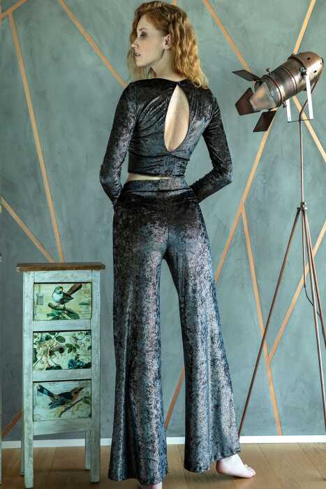 Kadın Kadife Sırt Detaylı Uzun Kol Büstiyer ve İspanyol Paça Pantolon Pijama Takım (9668) - 2