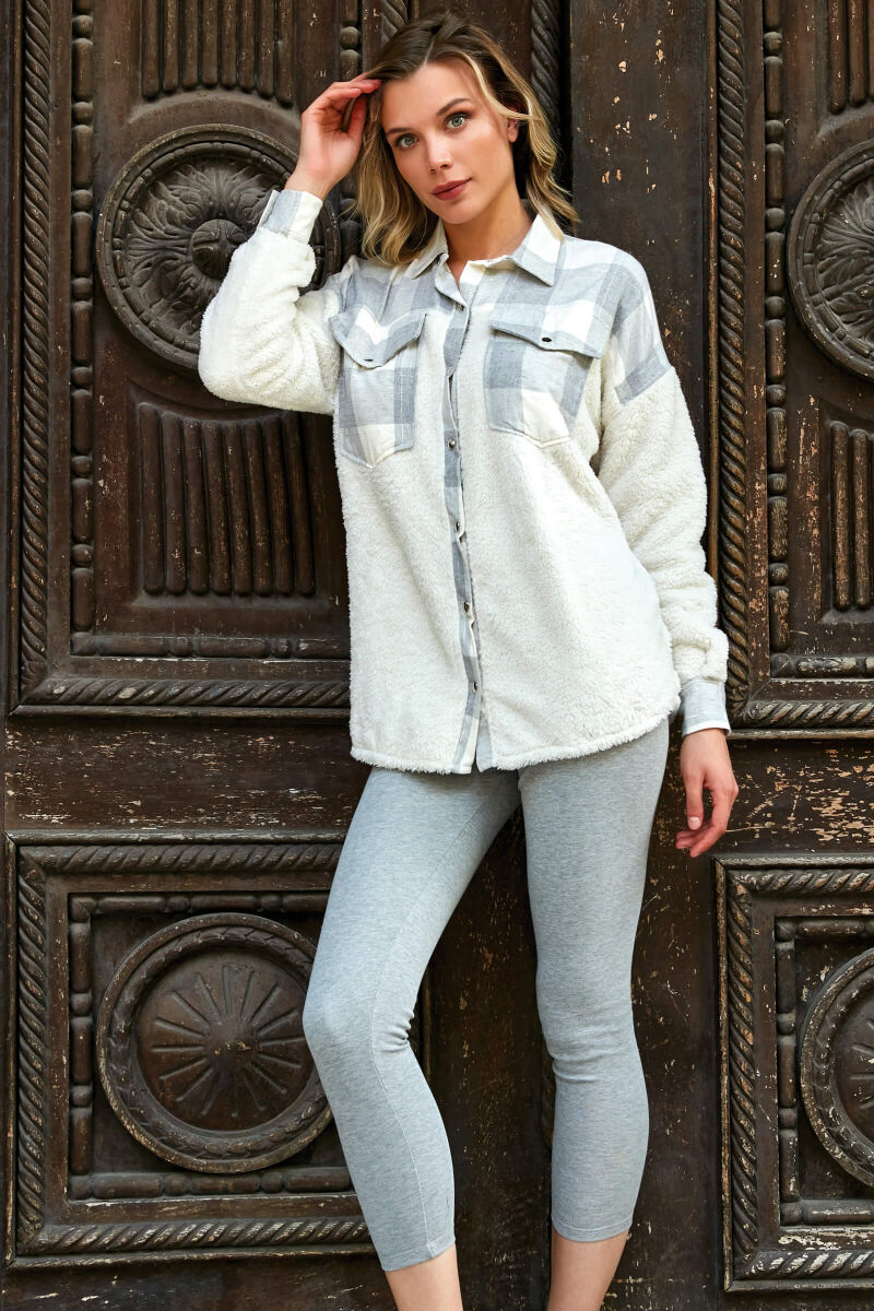 Kadın Polar Kumaş Çıtçıtlı Uzun Kol Cepli Gömlek ve Pamuklu Tayt Takım (9753) - 2