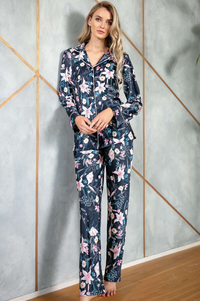Kadın Saten Çiçek Baskılı Düğmeli Uzun Kol Gömlek ve Pantolon Pijama Takım (9723) - 1