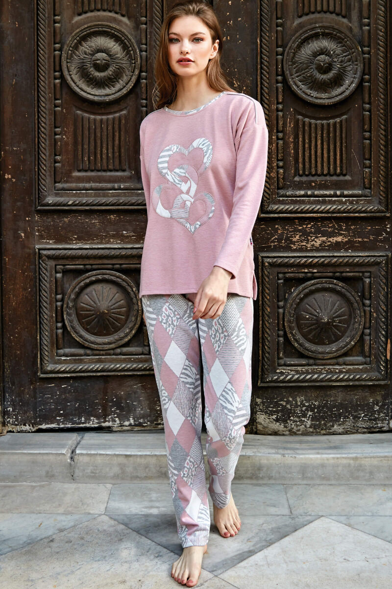 Kadın Viskon Göğüs İşlemeli Uzun Kol Sweatshirt ve Ekose Pantolon Pijama Takım (9741) - 1